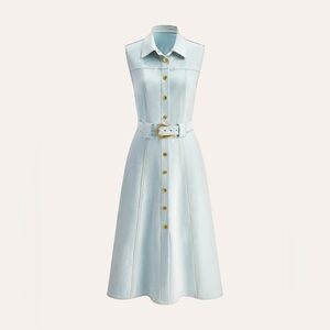 Belted Button-Front Denim Dress Sleeveless Pockets Large Business Casual Dress‎